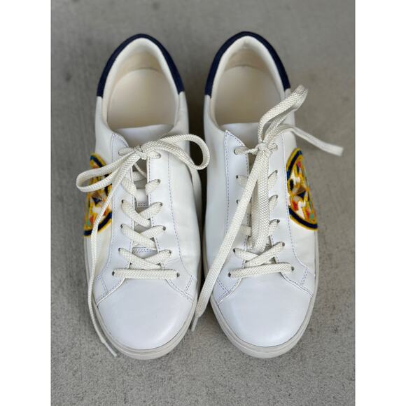 Tory Burch Women’s 9.5M Leather T Logo Platform Sneakers in White/Navy Multi - Picture 6 of 9